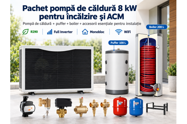 Pachet complet pompă de căldură Soldec 8 kW R290 + boiler 200 L – încălzire și ACM